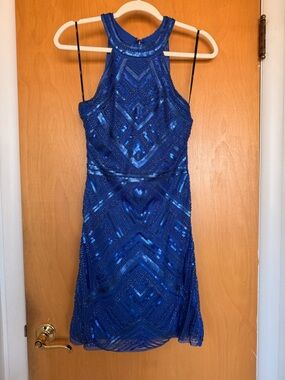 Lulu's Cobalt Blue Sequin Halter Mini Dress